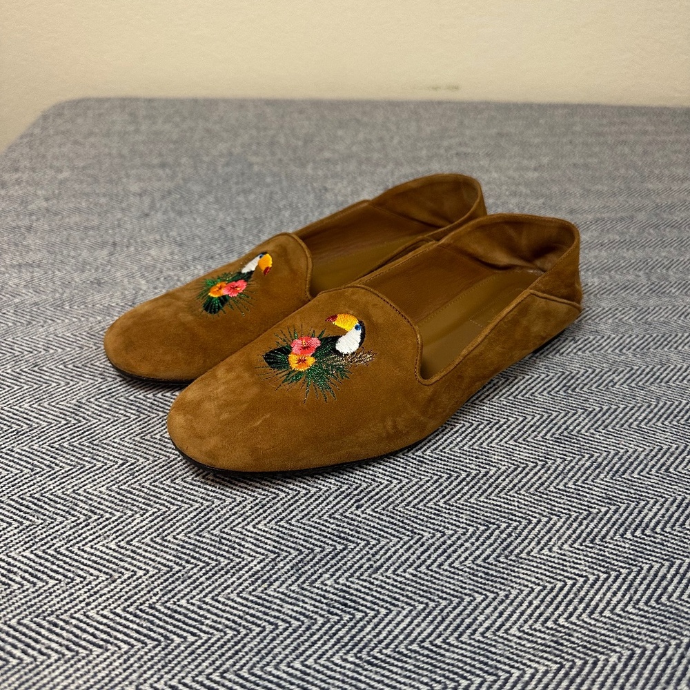 Aquazzura Suede Embroidered Toucan Tropical Accent Loafers - Picture 2 of 9